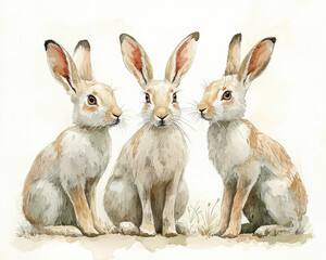 Watercolor illustration of three charming rabbits sitting together. Soft pastel tones and delicate details create a serene nature scene. Perfect for animal-themed designs or children's decor.