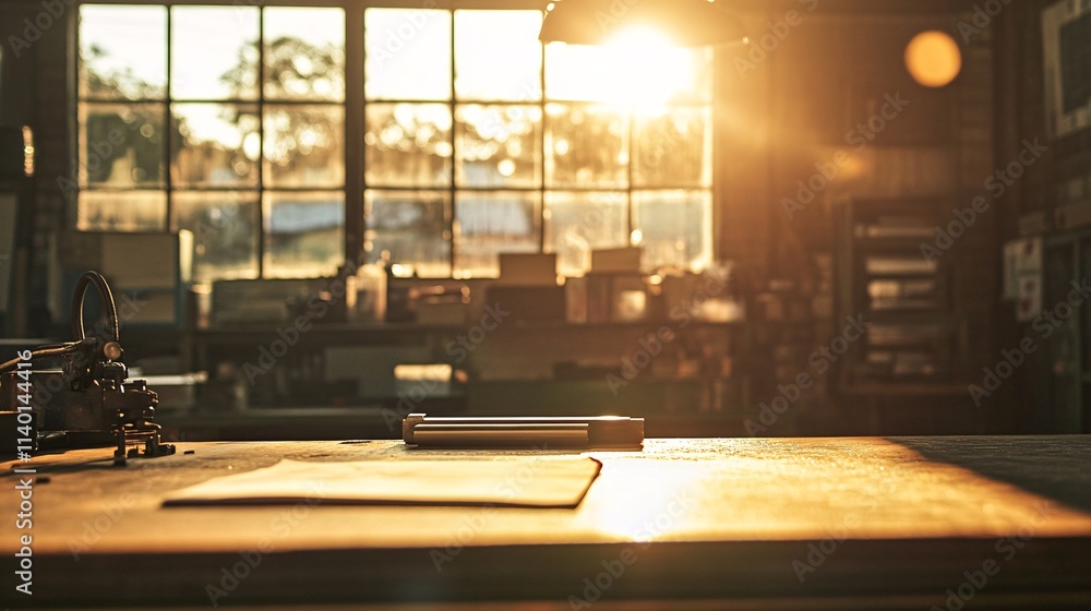 Poster Empty workshop bench bathing in golden sunlight streaming through large windows
