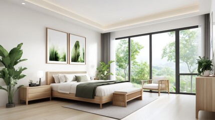 Cozy Modern Bedroom with Large Windows and Greenery View, Natural Light and Minimalist Decor