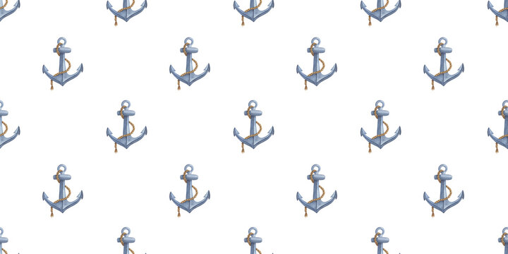 Watercolor seamless pattern with anchor, nautical print on white background for textiles or fabric, allover background