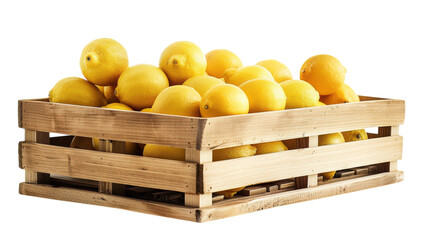 Freshly harvested lemons displayed in a rustic wooden crate against a vibrant yellow background