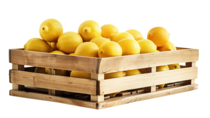 Freshly harvested lemons displayed in a rustic wooden crate against a vibrant yellow background