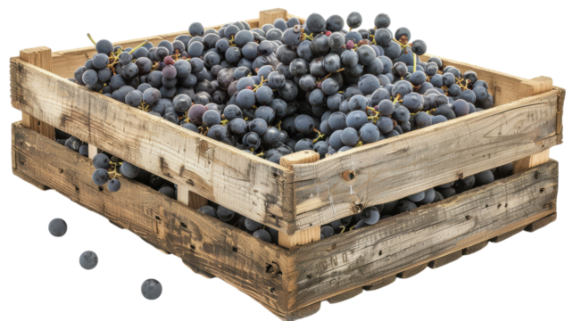 Bountiful harvest of juicy black grapes in a rustic wooden crate ready for winemaking adventures