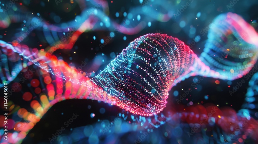 Poster colorful particles forming a double helix structure, rotating slowly in a dark environment with a co