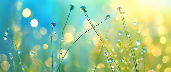 Dew-covered grass glistening in soft, colorful light.