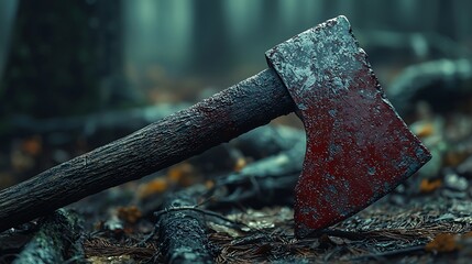 photorealistic bloody axe leaning against a tree in a dark forest 
