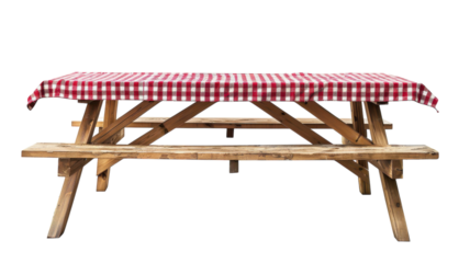 Rustic wooden picnic table adorned with a classic red and white checkered tablecloth on a vibrant yellow background
