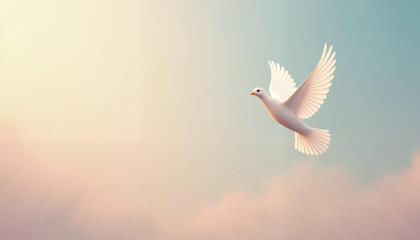 Obraz premium Elegant white dove flying against a soft pastel sky, Dove flying in sky, Peace Day 