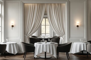 Elegant Restaurant Interior with White Tablecloths and Dark Chairs