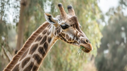 Fototapeta premium Giraffe eating grass closeup at zoo animal portrait nature