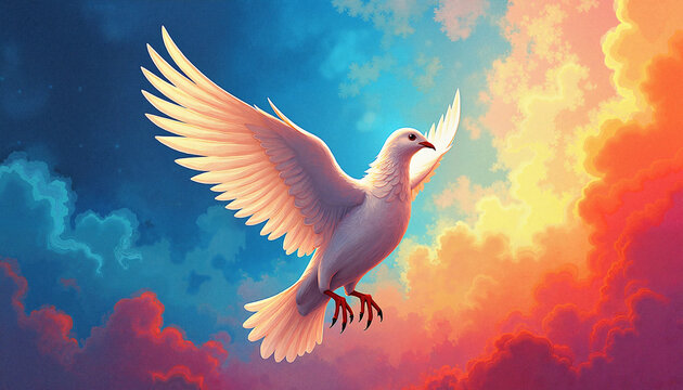 Majestic white dove soaring against a vibrant sunset,  skyDove flying in sky, Peace Day 