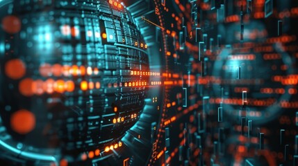 Obraz premium Complex digital sphere rotating and generating big data in virtual space, symbolizing data processing, analysis, and storage in modern technological landscape