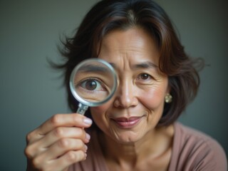 Woman examining her reflection through a magnifying glass in a soft-lit indoor setting, showcasing curiosity and introspection