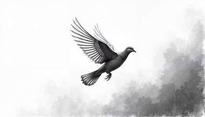 Fototapeta premium Black and white illustration of a flying bird soaring through the mist, Dove flying in sky, Peace Day 