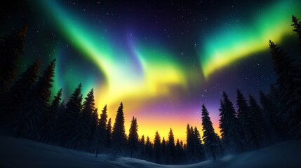 Fototapeta premium Aurora borealis dances over winter forest nature landscape night