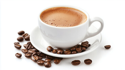 Fototapeta premium A white cup of espresso with a layer of froth, placed on a saucer and surrounded by scattered coffee beans on a white background