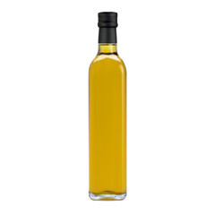Small olive oil transparent glass bottle with cap vector mockup. Natural organic cooking oil golden glass bottle design. Extra virgin vegetarian oil container, 3d template with cap