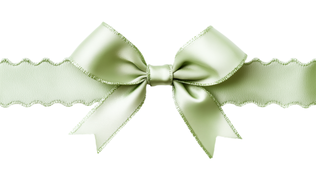 Light green ribbon with scalloped edges tied into dainty bow isolated on transparent background