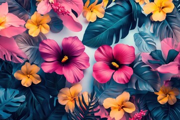 Vibrant floral arrangement with tropical leaves and colorful flowers.