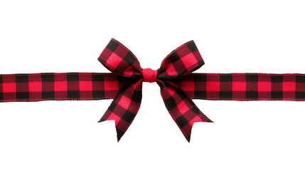 Bold red and black checkered ribbon tied into rustic bow isolated on transparent background