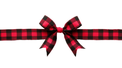 Bold red and black checkered ribbon tied into rustic bow isolated on transparent background