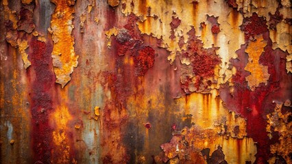 Fototapeta premium Abstract Texture of Rusted Metal Surface with Peeling Paint and Varied Hues of Red, Orange, and Brown