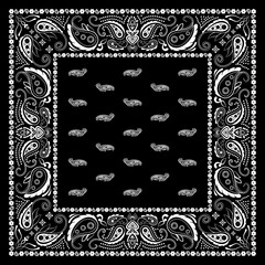 Bandana paisley square ethnic floral hand drawn pattern.Ornament classic vintage vector elements white on black background.Design for scarf,headscarf,kerchief,hijab,tablecloth,print fabric,decoration.