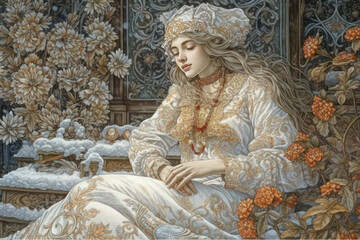 Naklejka premium a young girl in a traditional Russian costume sitting in the middle of a winter garden. 