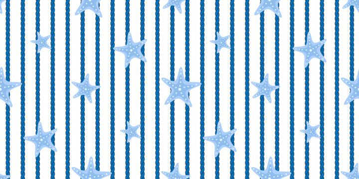 Marine rope with cute starfish seamless pattern, nautical modern style, summertime vacation concept design print background