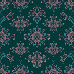 Fototapeta premium Damask Teal and Rose Seamless Pattern 