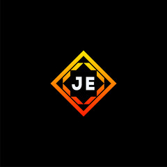 JE initials dynamic geometric logo design features a bold lettering sign in an orange and black color scheme, displayed against a dark background