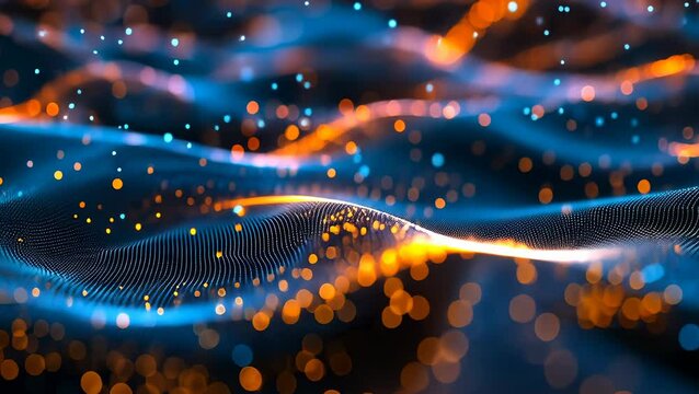 Vast arrays of luminous, orange and blue particles form flowing, wave-like patterns, evoking notions of digital connectivity and data flow. This captures the beauty and intricacy of technology.