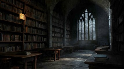 A dimly lit library with tall bookshelves filled with books, wooden tables and chairs, and a large stained glass window.