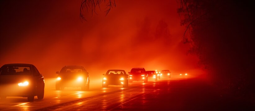 Line of Cars Escaping a Wildfire at Night With Red Glow, Concept of Danger, Emergency, and Survival