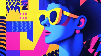 Stylized portrait of a woman with neon colors and sunglasses