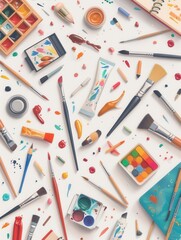 Creative workspace filled with art supplies including paints, brushes, and sketchbooks on a white surface. Generative AI