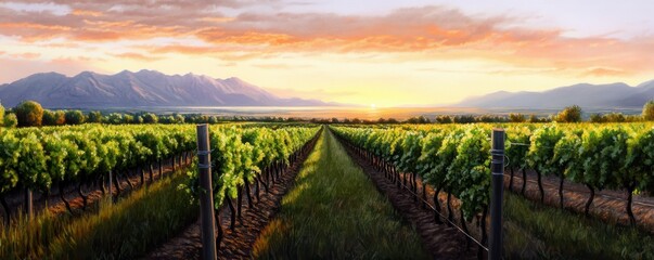 Naklejka premium Serene Vineyard Landscape Under Sunset with Majestic Mountains and Calm Waters