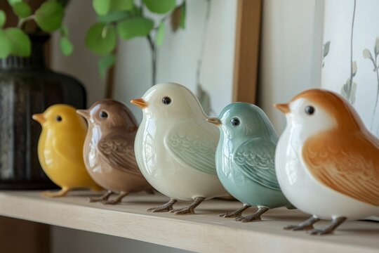 Five ceramic bird figurines on shelf.