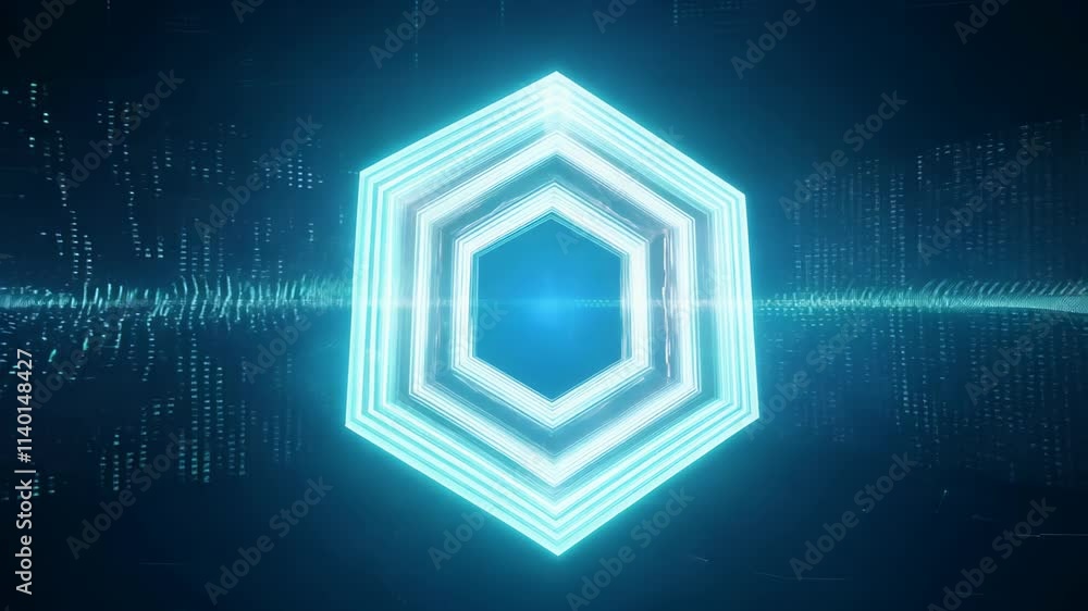 Poster futuristic digital hexagon patterns pulsing with vibrant light and sound waves in cybernetic backgro