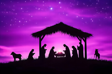 The nativity scene in silhouette with an intense violet and lavender background, Ai Generated