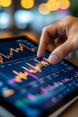 Fototapeta premium Closeup of businessman's hand with financial charts and market trends on tablet 