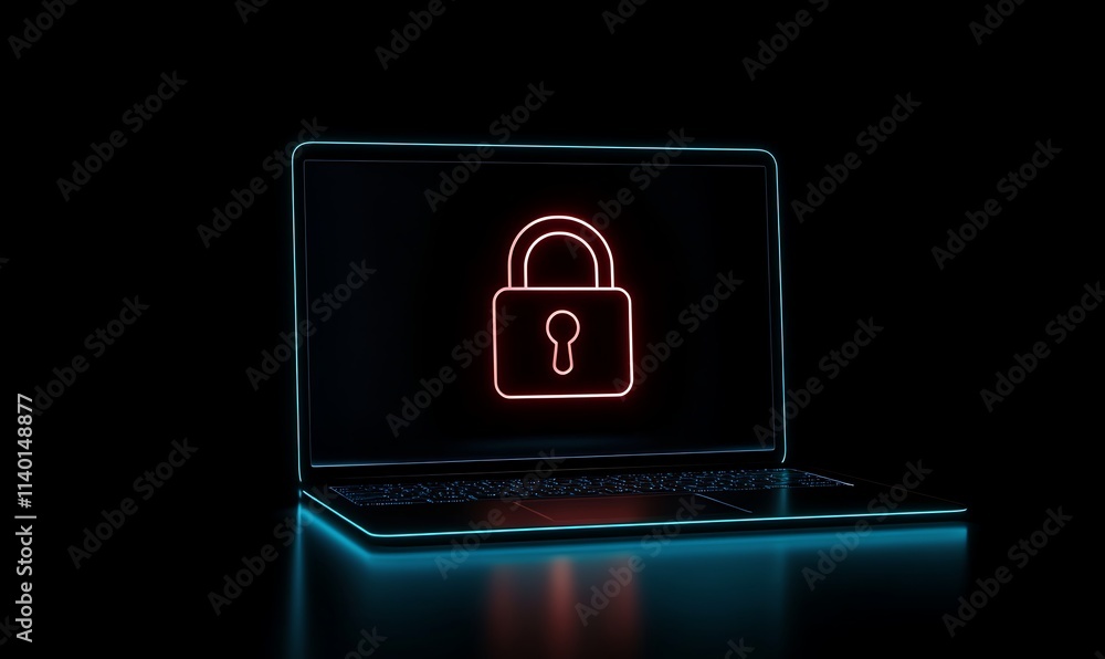 Poster laptop displaying glowing padlock icon, symbolizing data protection and cybersecurity in a dark, gen