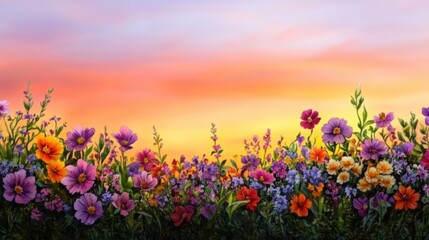 Obraz premium Vibrant Flower Field at Sunset with Colorful Blooms Against a Soft Sky