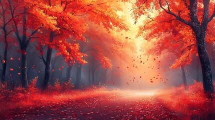 Enchanting Autumn Woodland with Vibrant Foliage and Falling Leaves