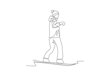 Woman playing snowboard. Winter sport concept one-line drawing