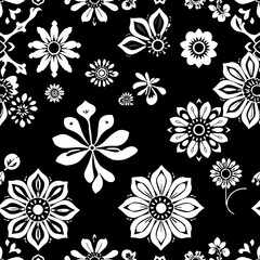 Monochromatic Floral Fantasy: A captivating seamless pattern of stylized white flowers on a black background. Perfect for adding a touch of elegance and sophistication to any design project. 
