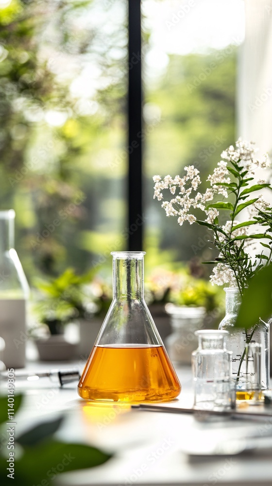 Poster erlenmeyer flask containing orange liquid stands on table in laboratory with plants