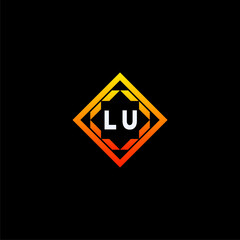 LU initials dynamic geometric logo design features a bold lettering sign in an orange and black color scheme, displayed against a dark background
