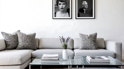 Modern Living Room Interior Design with Grey Sectional Sofa, Black and White Portraits, and Lavender Decor