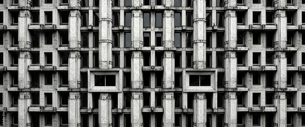 Poster the image is a black and white photo of a building with many windows. the building appears to be old